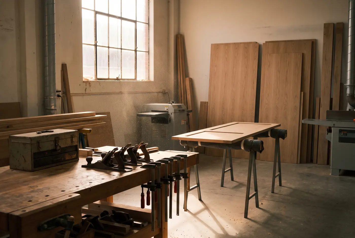 An Adelaide joinery workshop with stacked oak veneer board, a finished wardrobe door on trestles and hand tools on a workbench