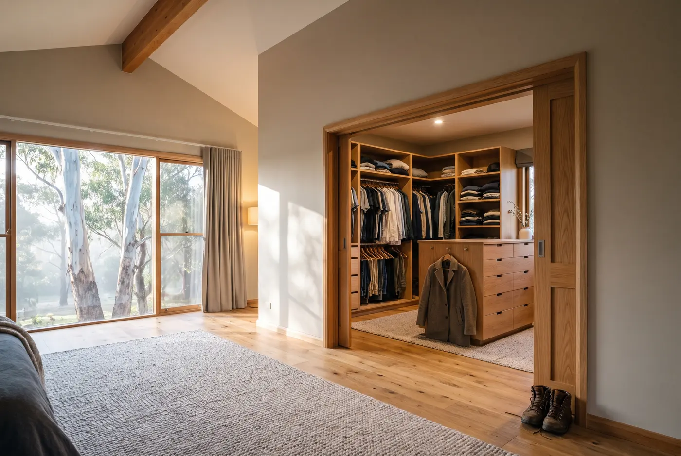 A generous walk-in wardrobe in warm timber finishes in an Adelaide Hills home, with tall gum trees visible through the window