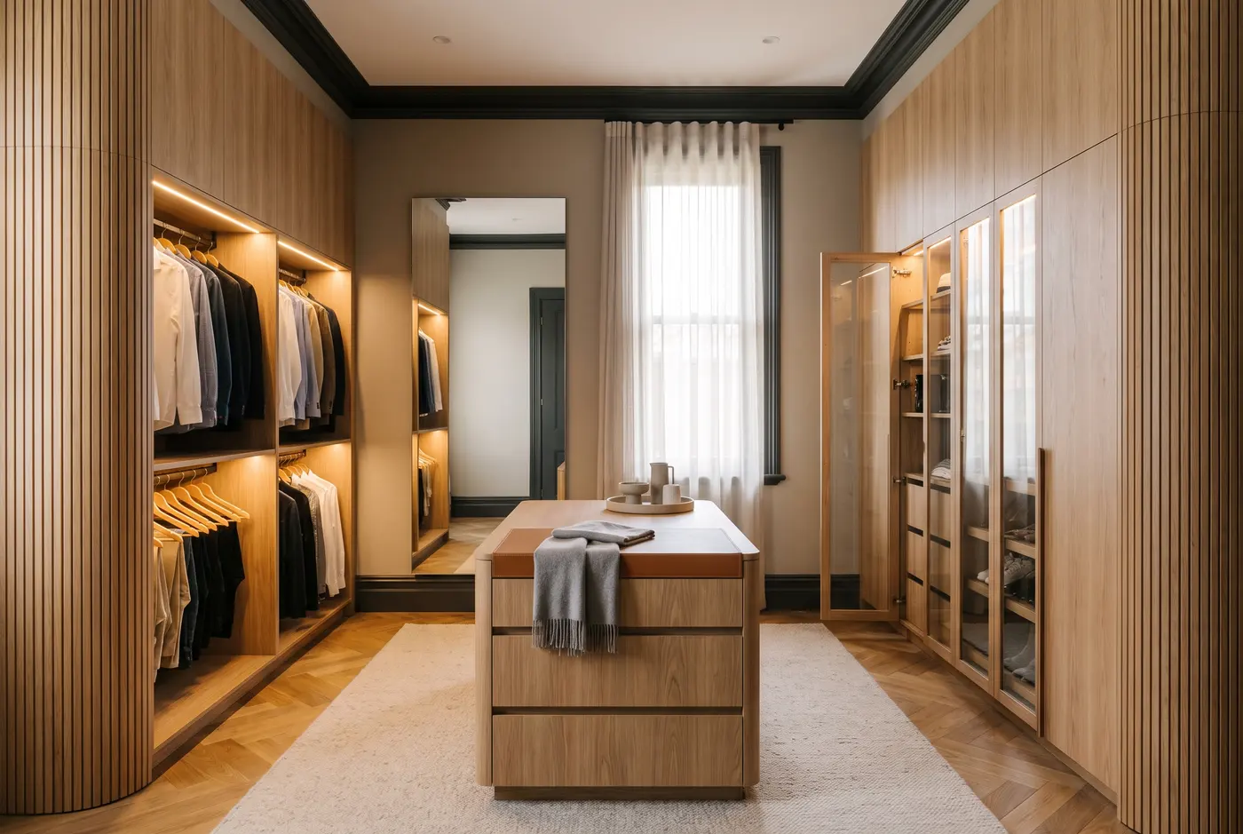 A high-end dressing room in a Burnside home with oak cabinetry, integrated lighting and a central drawer island