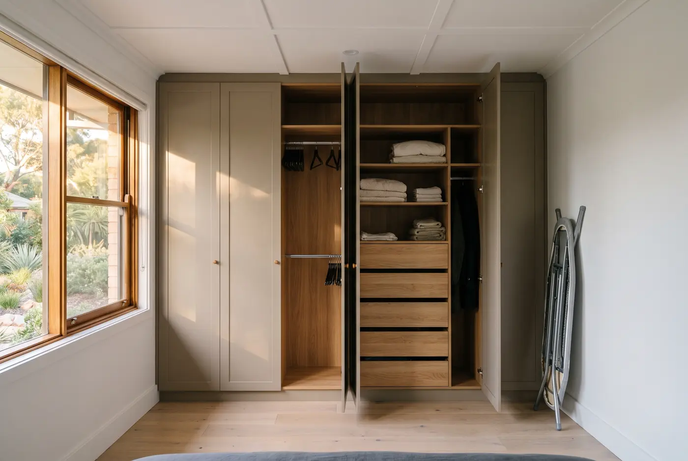 A practical family wardrobe fit-out with hanging, drawers and shelving in a renovated post-war Campbelltown home