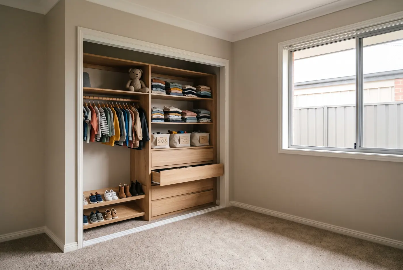 A standard builder's robe opening in a Golden Grove family home fitted out with oak shelving, a lowered hanging rail and drawers for a child's room