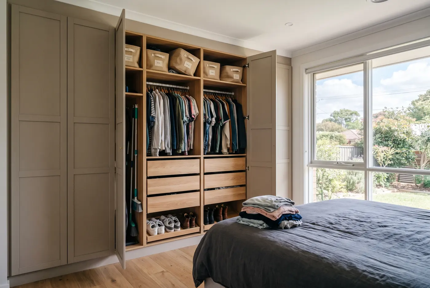 A family storage wardrobe with deep drawers, labelled baskets and double hanging in a renovated 1960s home near Marion