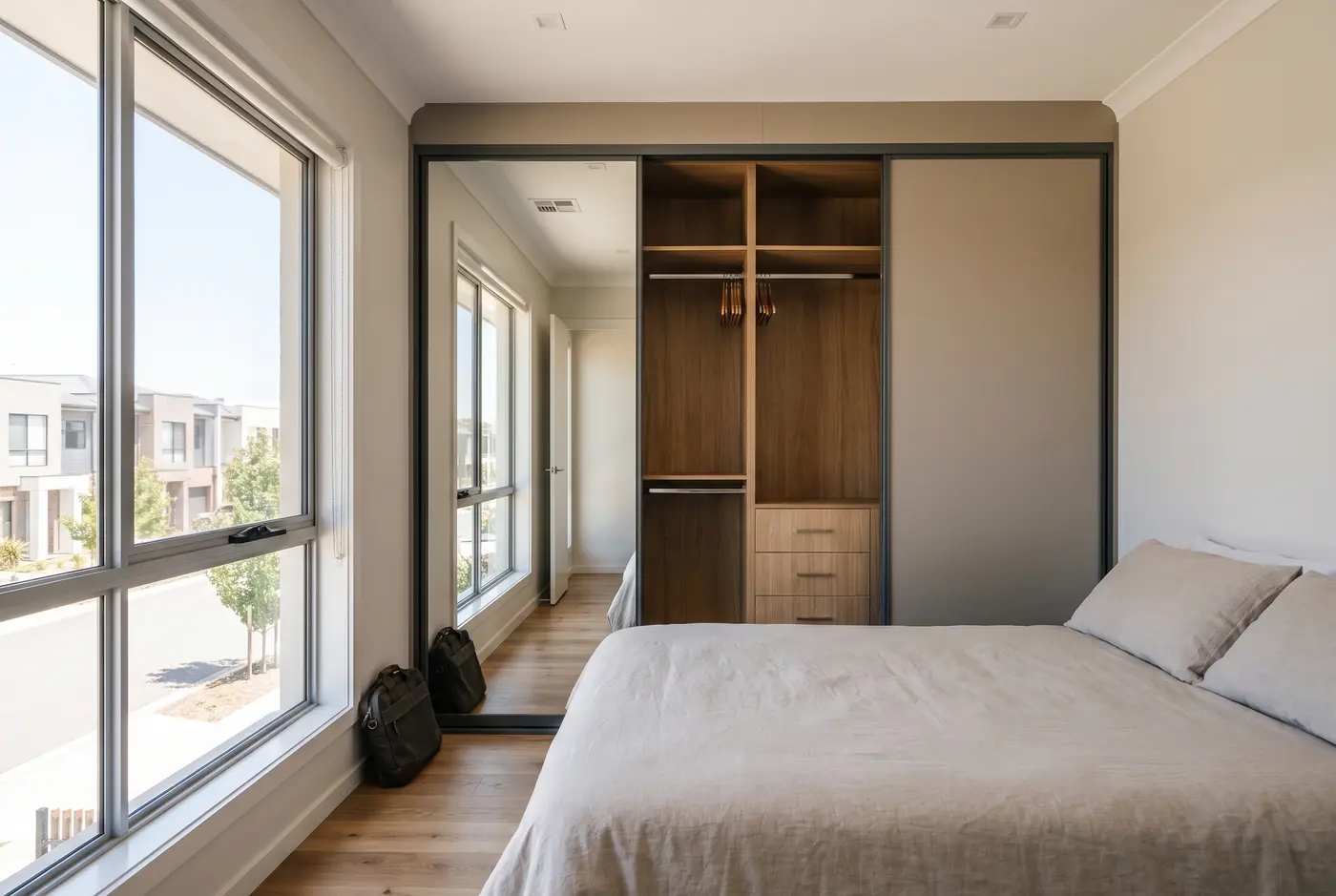 Space-saving sliding wardrobe doors sitting flush against the wall in a compact Mawson Lakes townhouse bedroom