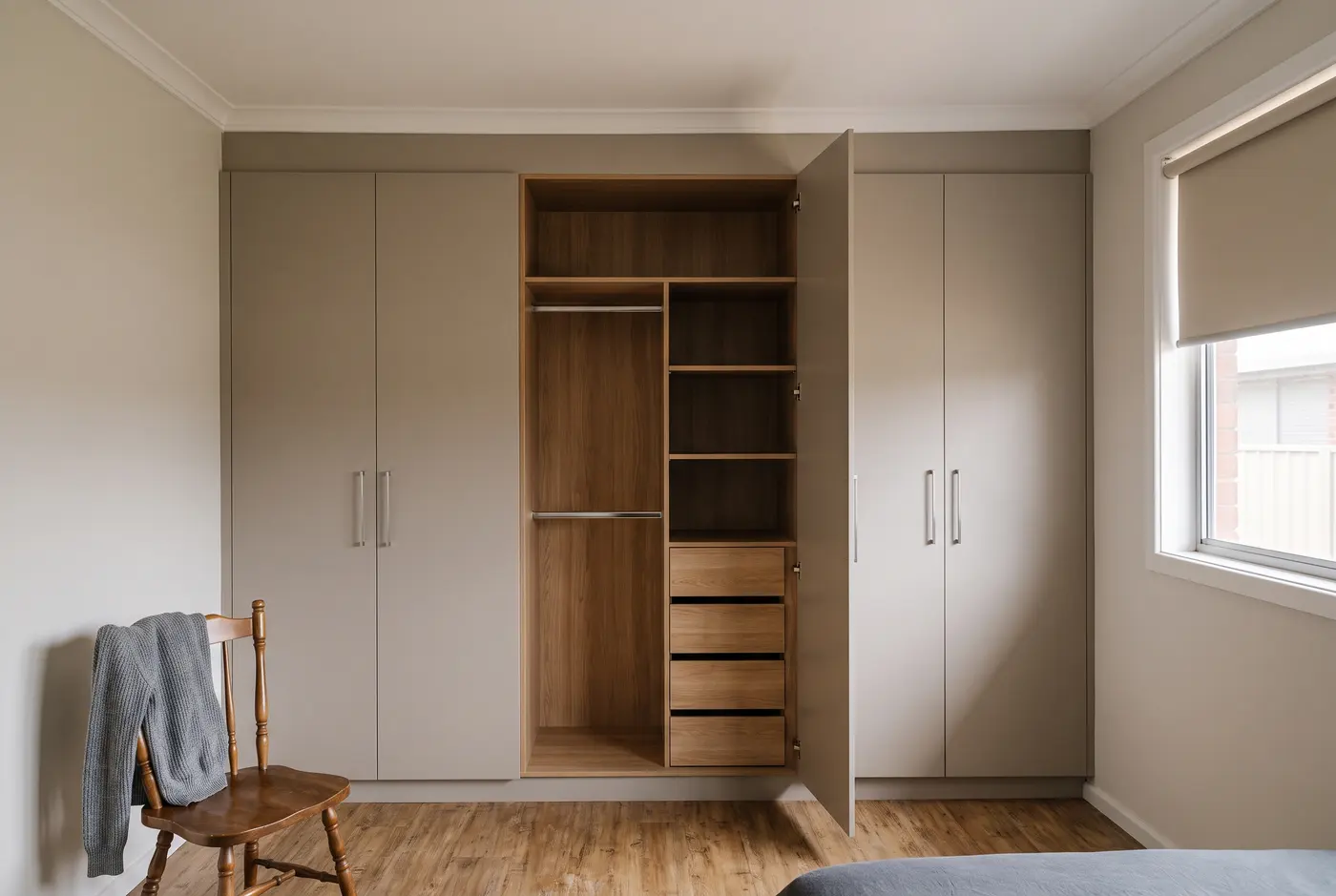 New warm-greige doors and a fresh oak interior upgrading a dated built-in robe in a 1970s Modbury home