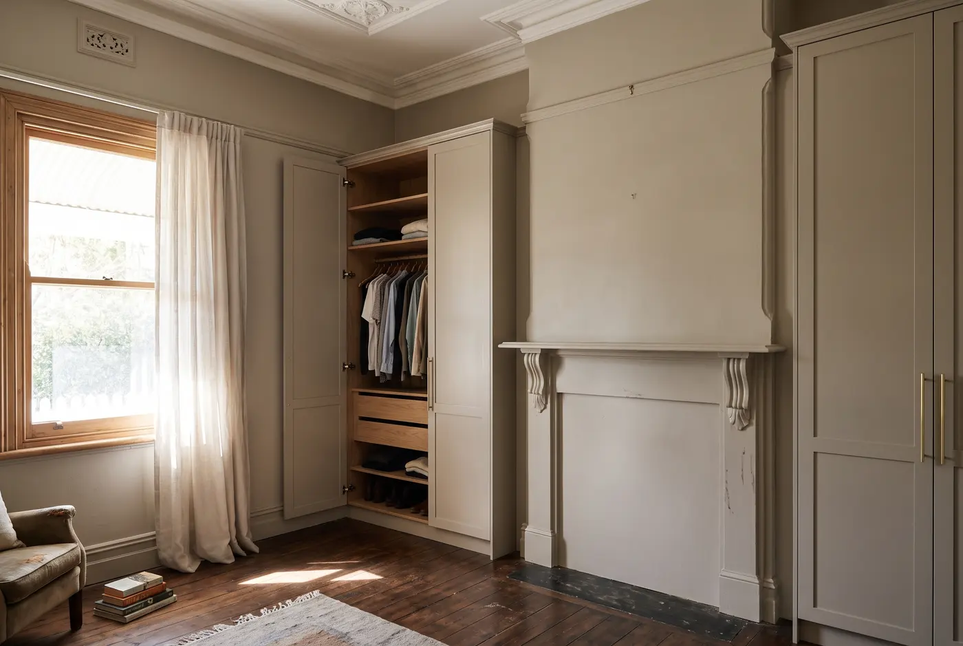 A built-in wardrobe fitted into a 1920s Prospect bungalow bedroom with a high ceiling, picture rail and original baltic pine floorboards