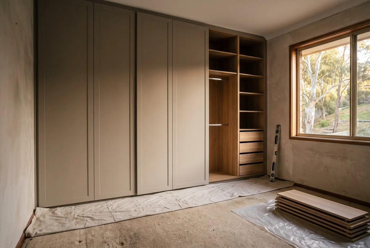 A robe retrofit underway in an established Tea Tree Gully home, with new doors installed and the fresh oak carcass still visible