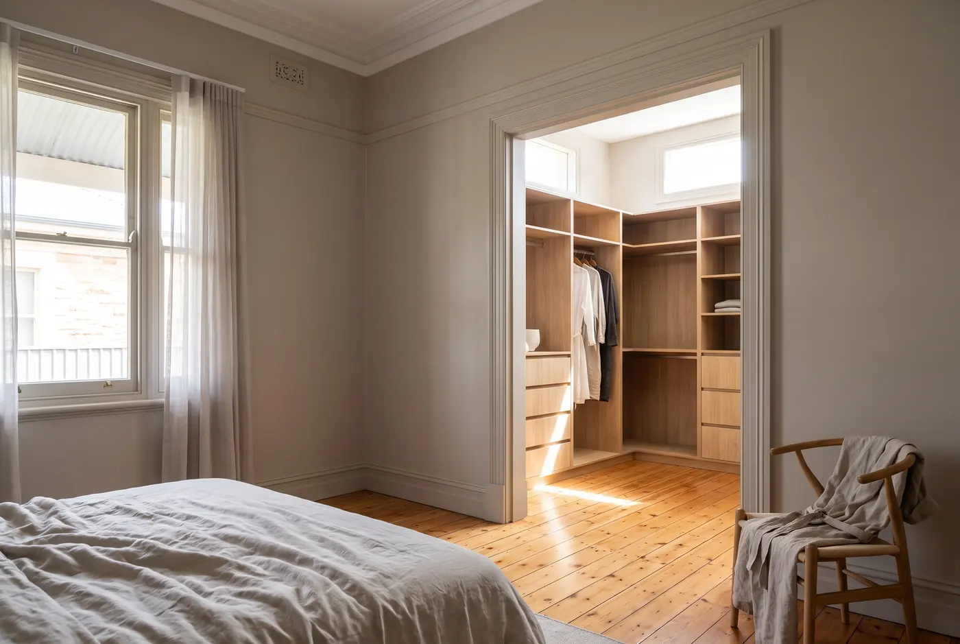 A walk-in robe in the rear extension of a heritage sandstone villa in Unley, with the original period bedroom in the foreground
