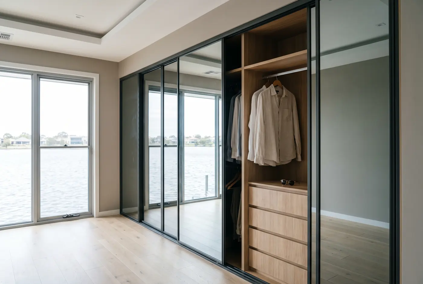 Mirrored and smoked-glass sliding wardrobe doors reflecting bright water light in a modern West Lakes waterfront bedroom