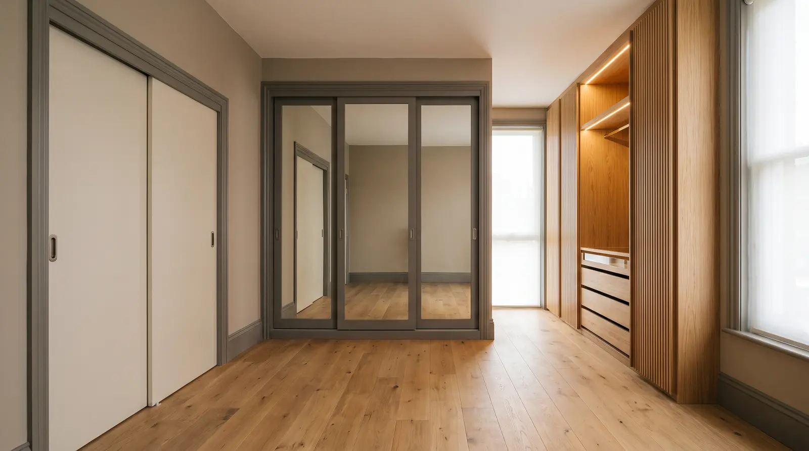 A basic vinyl sliding-door robe, a mid-range mirror-door built-in and a premium floor-to-ceiling custom unit along one Adelaide bedroom wall