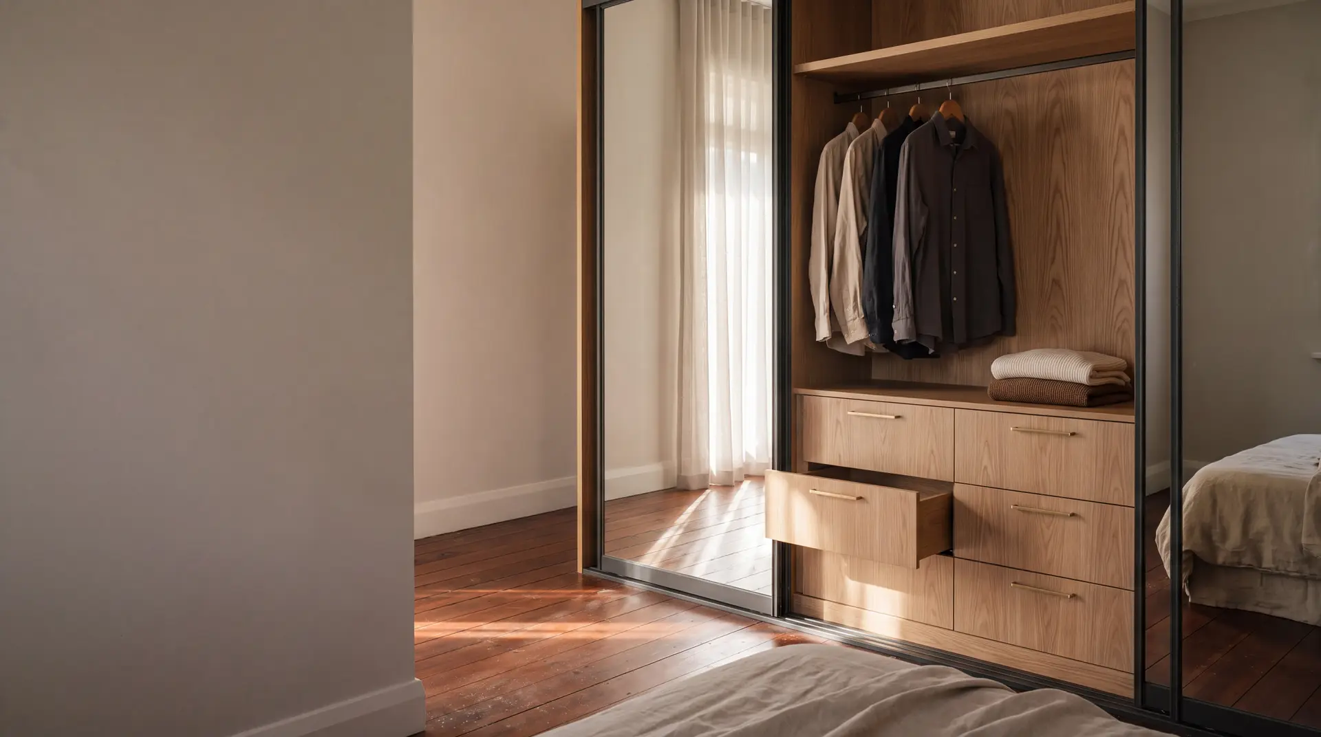A custom built-in wardrobe with timber interior and mirror sliding doors in an Adelaide home