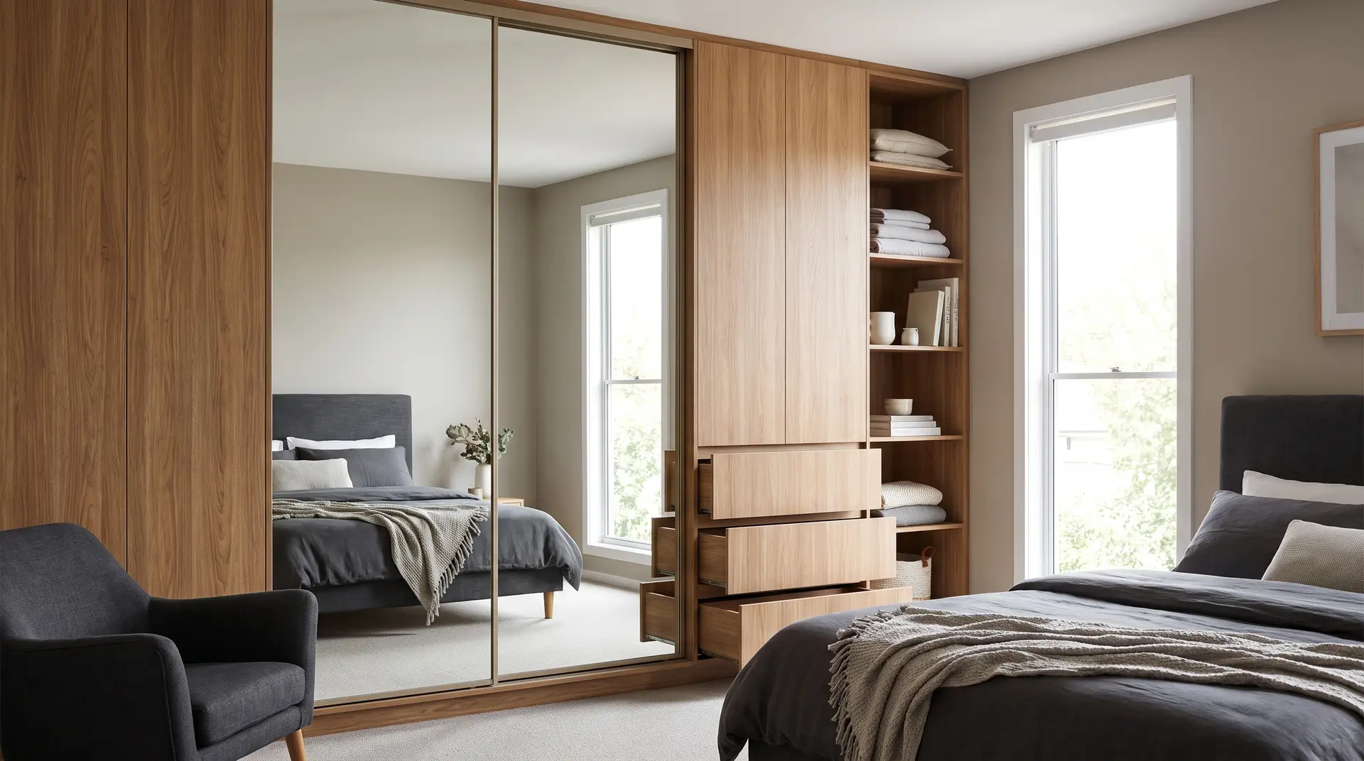 A custom built-in wardrobe with timber interior and mirror sliding doors in an Adelaide home